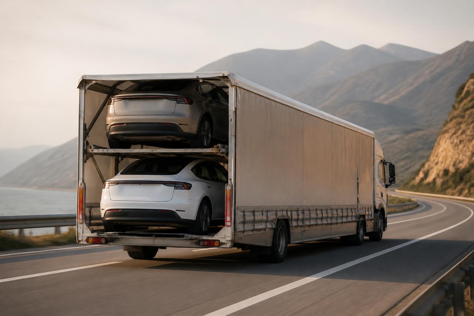 Biltransport med fabriksnye biler på vej til Danmark